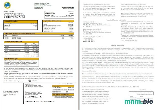 Barbados Bank Rozwoju Karaibów wyciąg z kredytu hipotecznego, 2 strony, 1-2